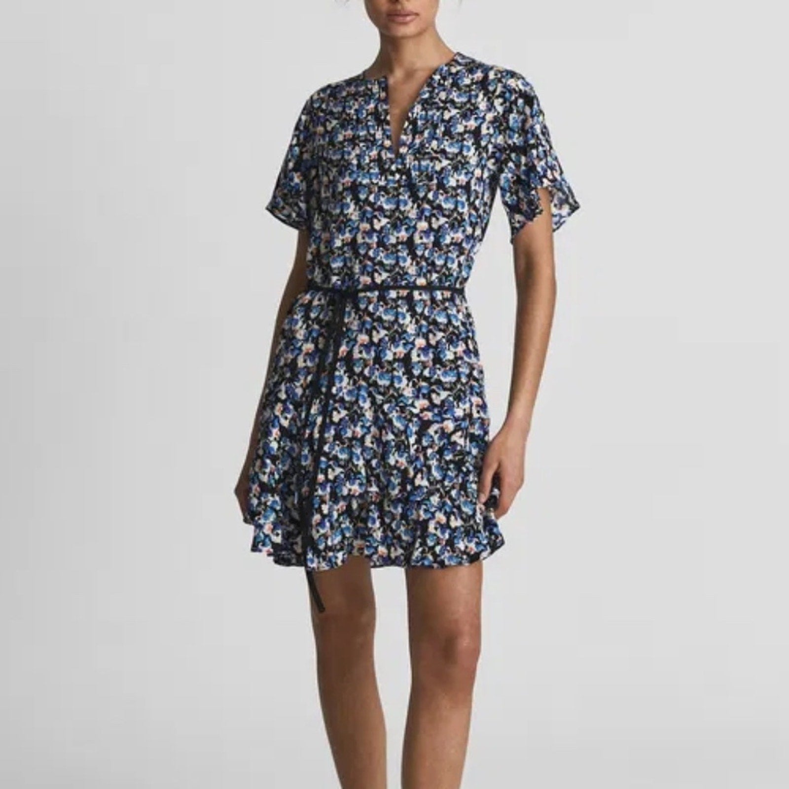 REISS Lulu Ditsy Print Flippy Dress in Blue - size 2