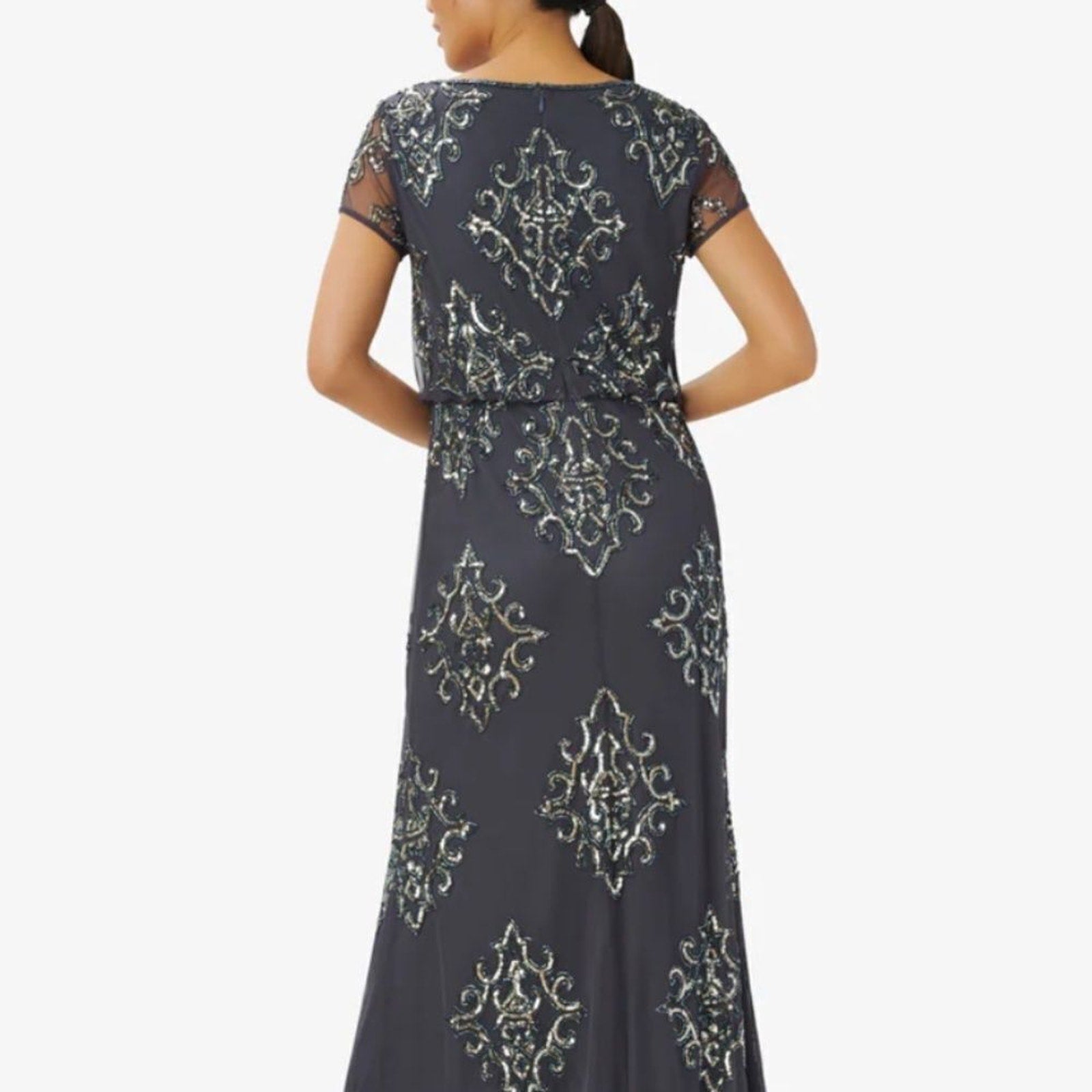 NWT Adrianna Papell HAND-BEADED LONG BLOUSON GOWN IN GUNMETAL - size 4