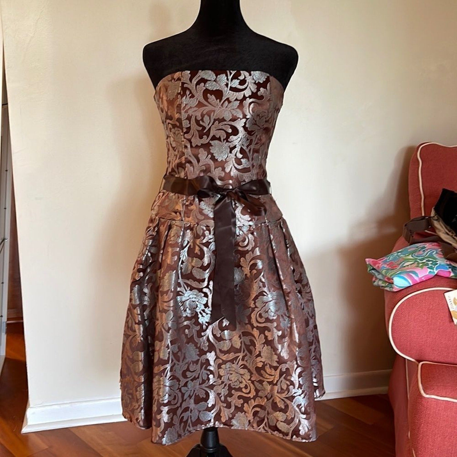 Vintage Jessica McClintock strapless brown metallic dress - size 4