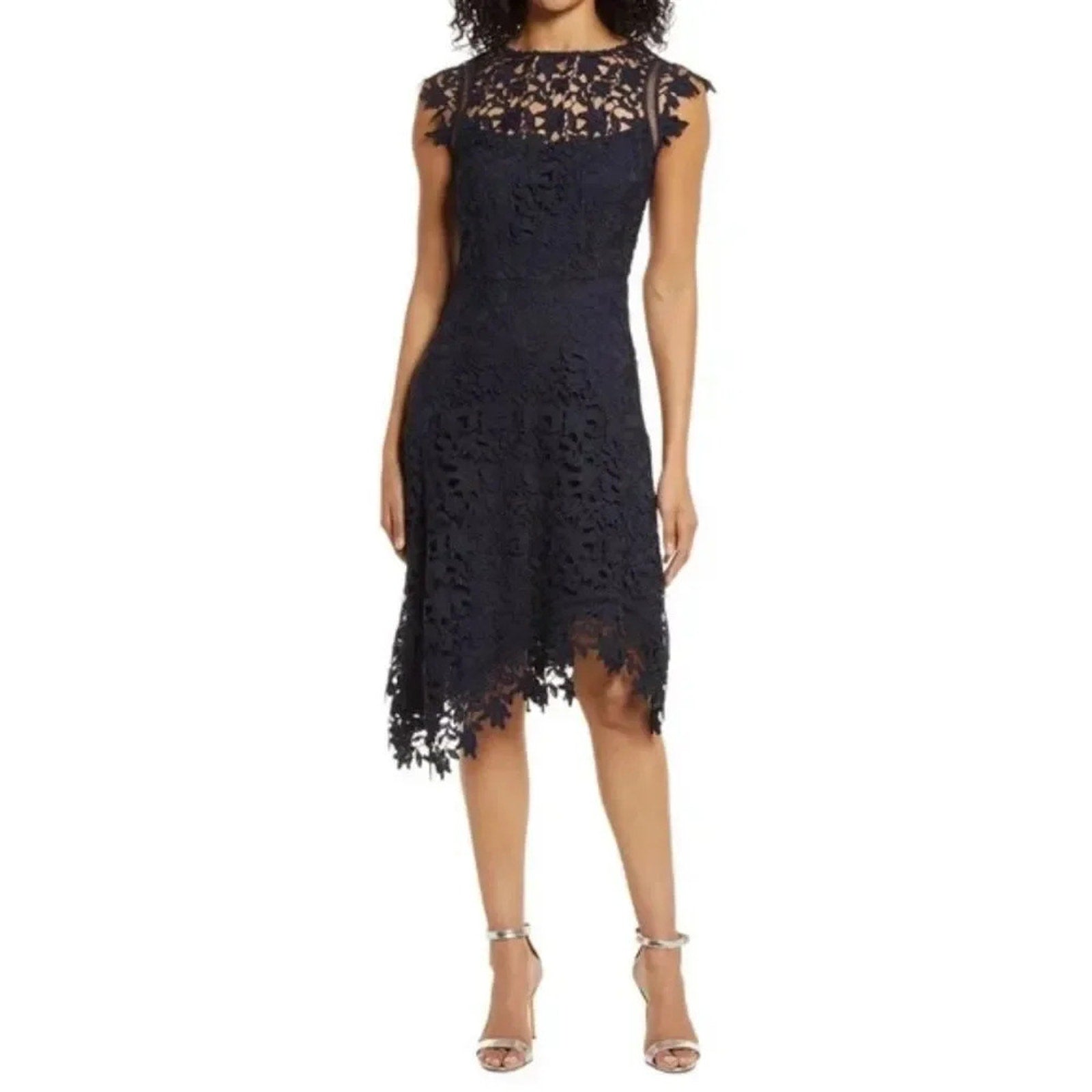 NWT Eliza J Navy Blue Lace Asymmetric Cocktail Dress - size 8