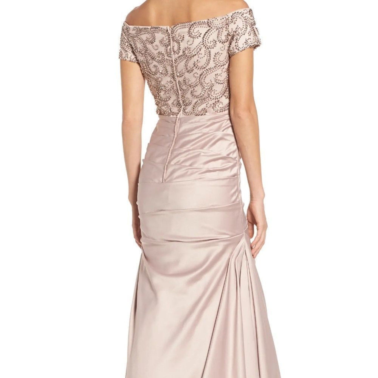 NWT La Femme Off the Shoulder Beaded Satin Trumpet Gown in champagne - size 6