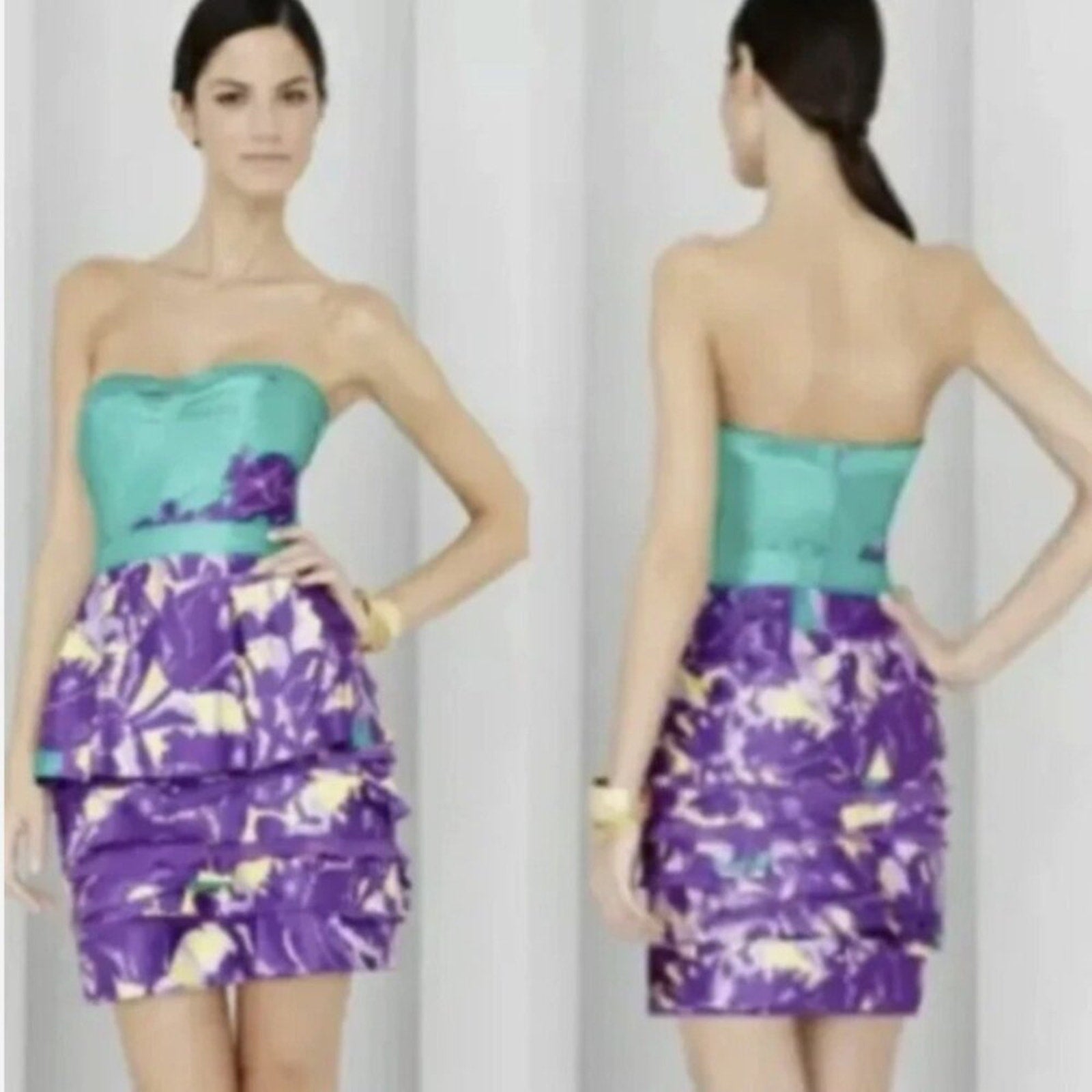 BCBG Maxazria Ultraviolet Strapless Tiered Peplum Watercolor Dress - 6