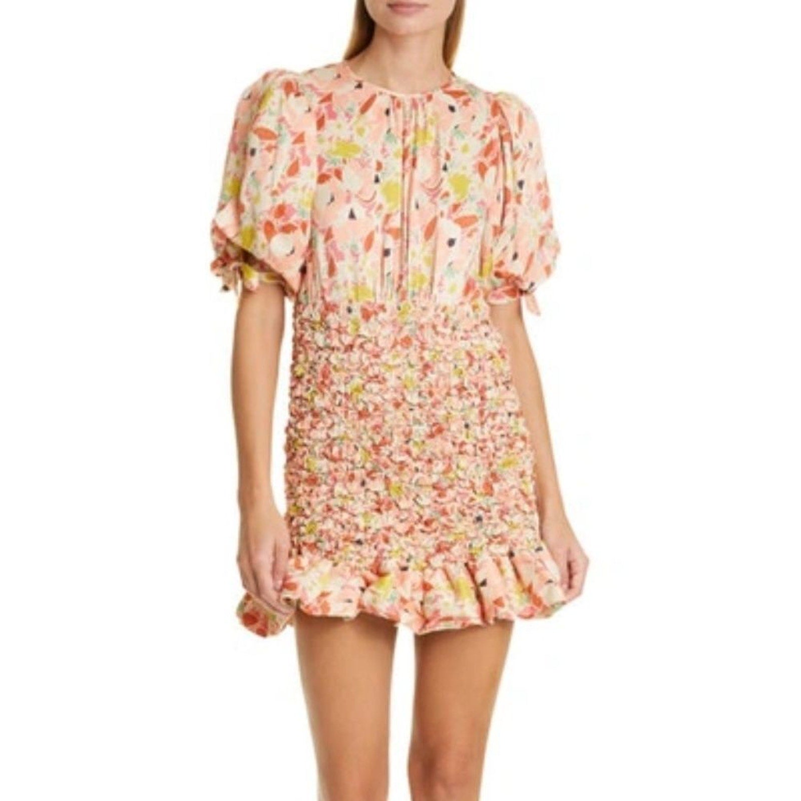 NEW BYTIMO Shirred floral-print satin-crepe mini dress - size XS