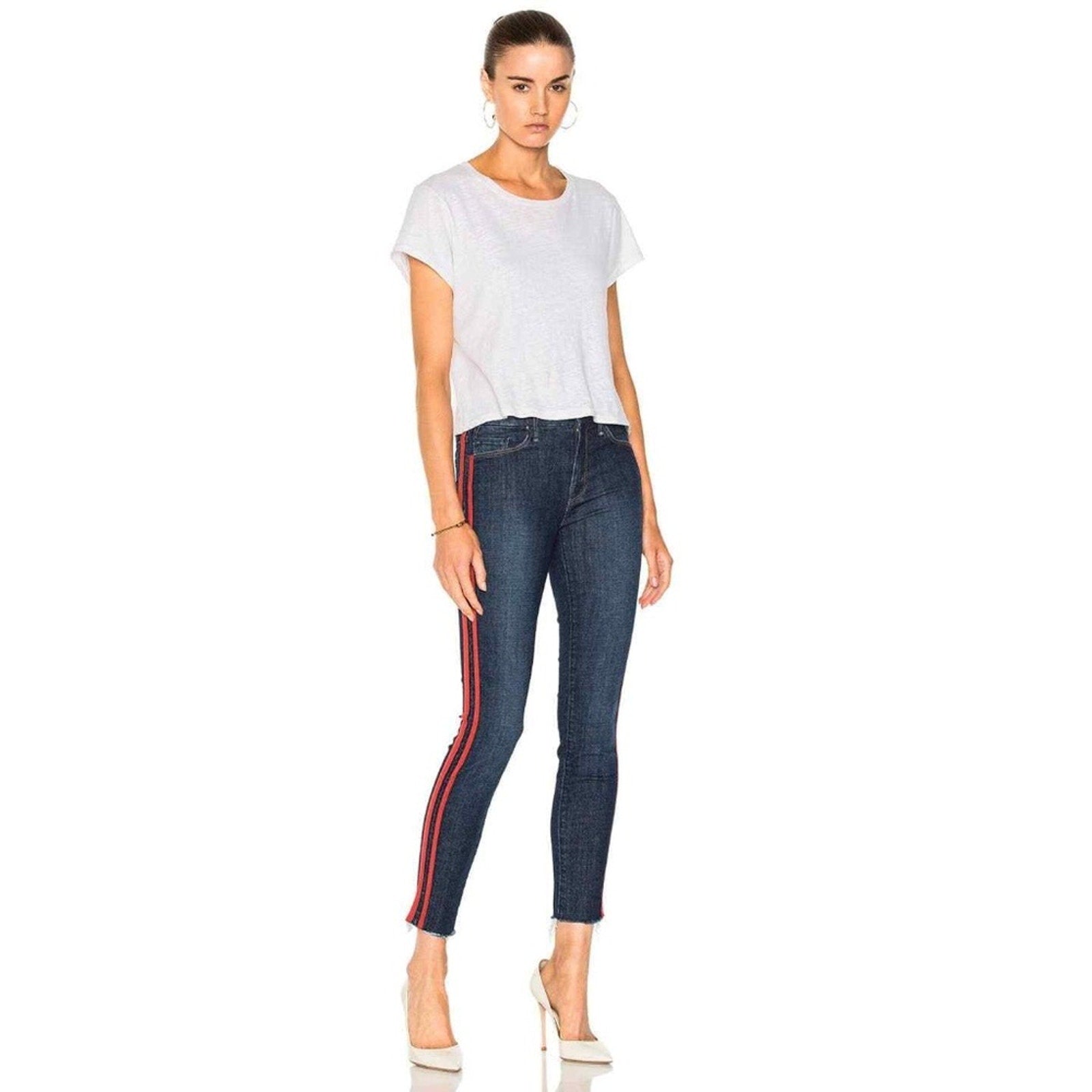 MOTHER The Looker Blue Ankle Fray Skinny Jean Red Tuxedo Stripes - size 30