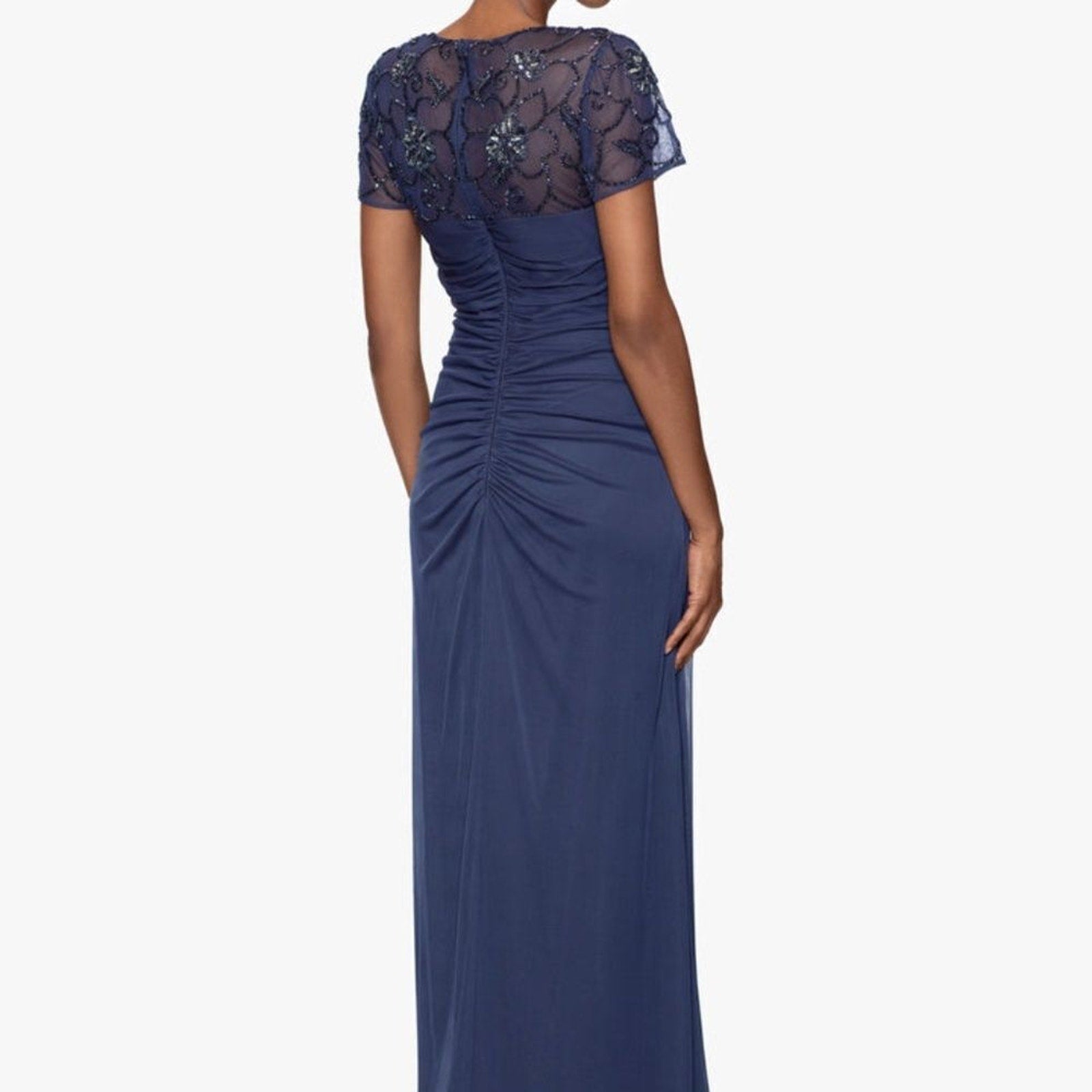NWT Xscape "CARMEN" LONG SHEER MATTE JERSEY BEADED SHORT SLEEVE DRESS - size 10