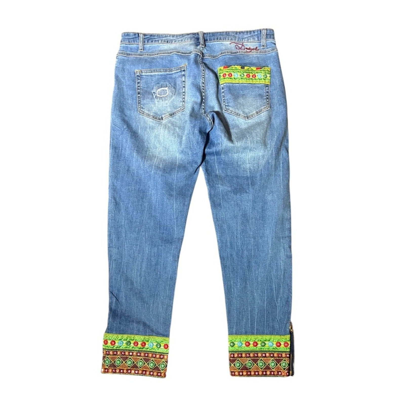 Desigual Blue Ankle Cropped Jeans with Distressed Patches - size 34