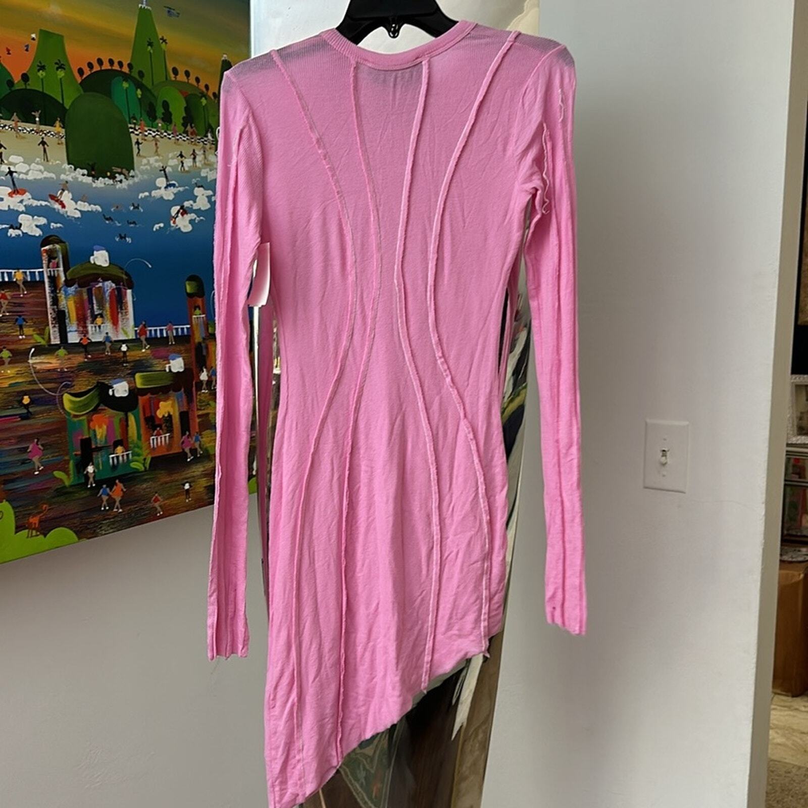 NEW Sami Miro Vintage Women's Asymmetric Long Sleeve Mini Dress in Pink - size M