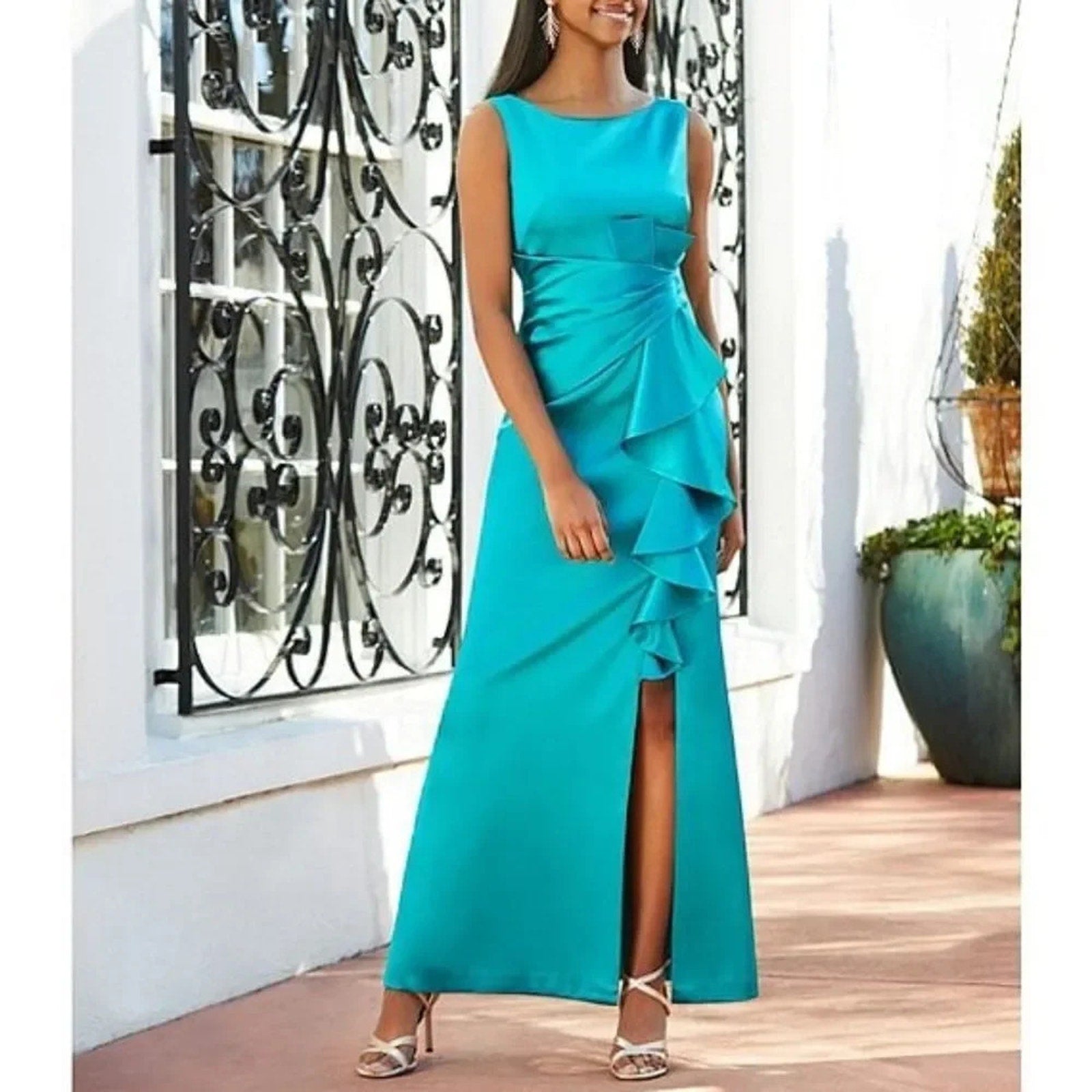 NWT Eliza J Stretch Satin Boat Neck Sleeveless Cascading Ruffle Side Slit Gown 8