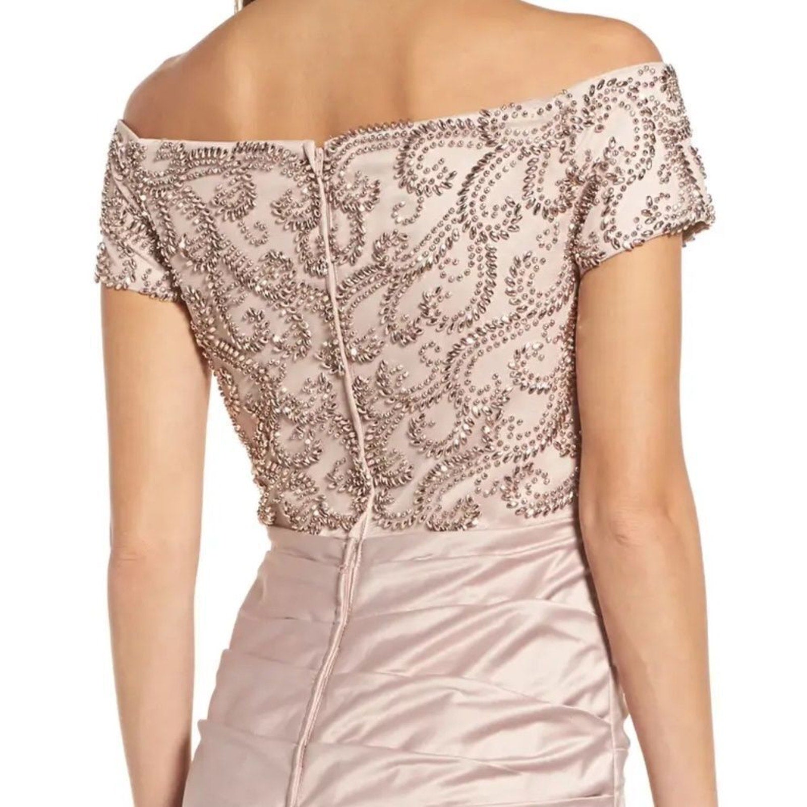 NWT La Femme Off the Shoulder Beaded Satin Trumpet Gown in champagne - size 6