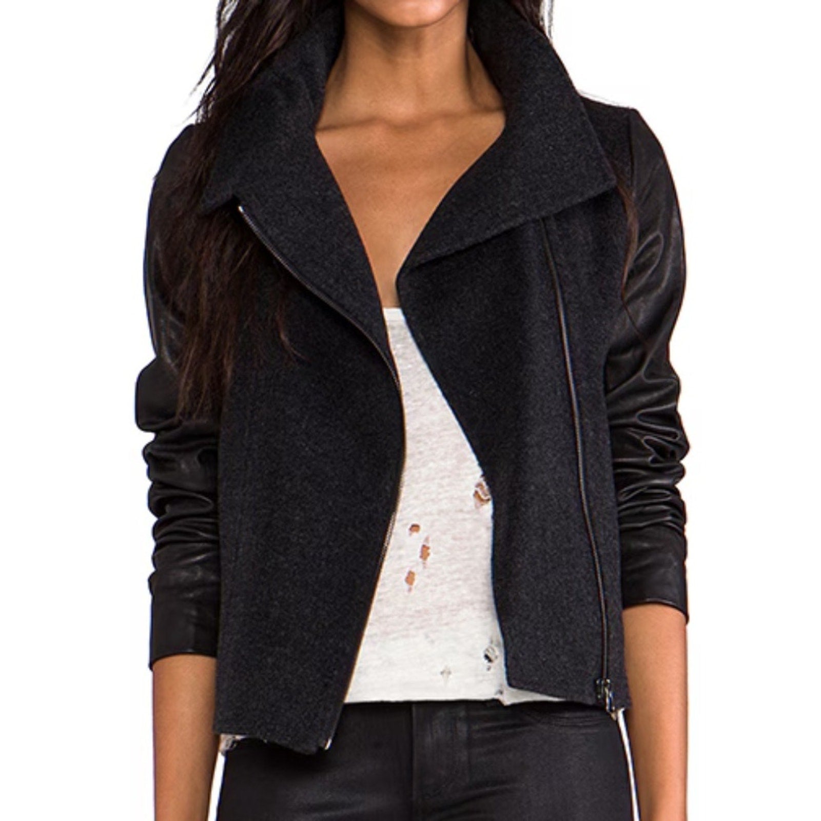Vince Wool Blend Funnel Neck Jacket with Leather Sleeves - size M