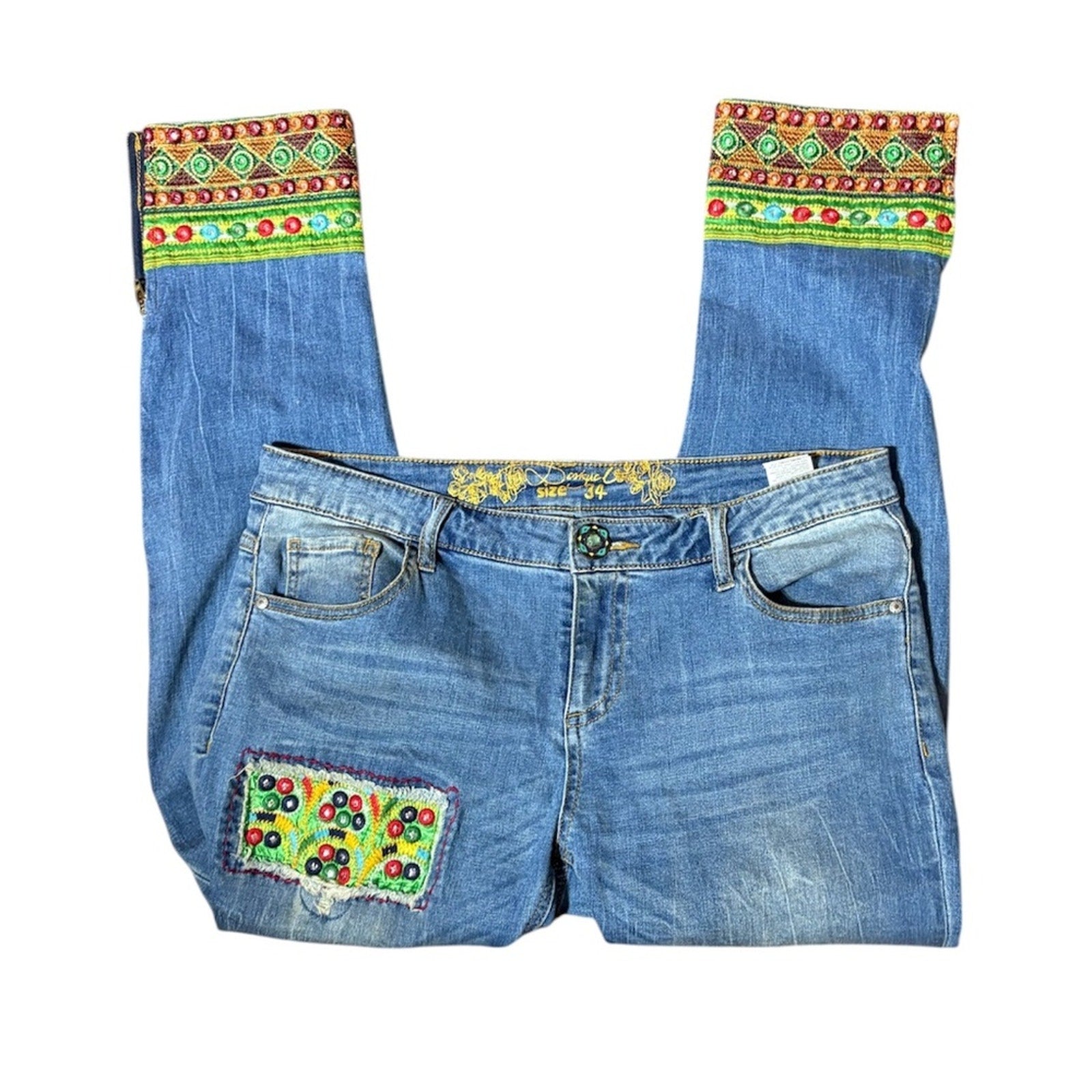 Desigual Blue Ankle Cropped Jeans with Distressed Patches - size 34