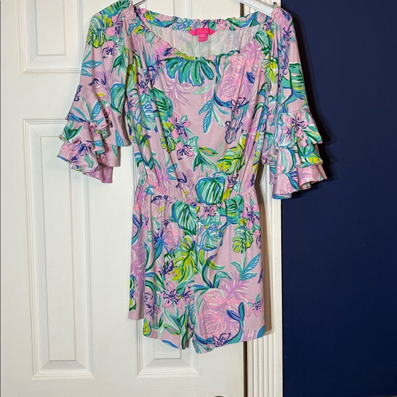 LILLY PULITZER Romper Pink Lime-Green”Calla”Off/On-Shoulder Ruffle Flounce - XS
