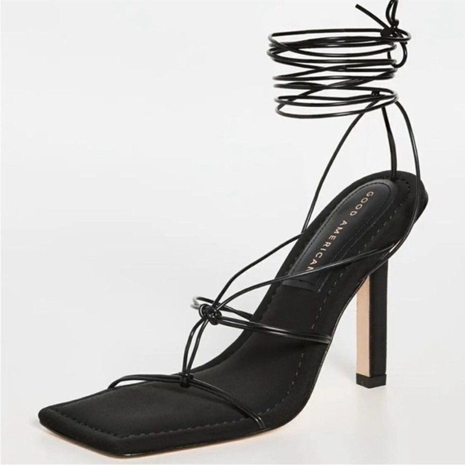 NEW Good American Cage Slanted Sandals Neoprene Black Lace Up Heel SIZE 6.5