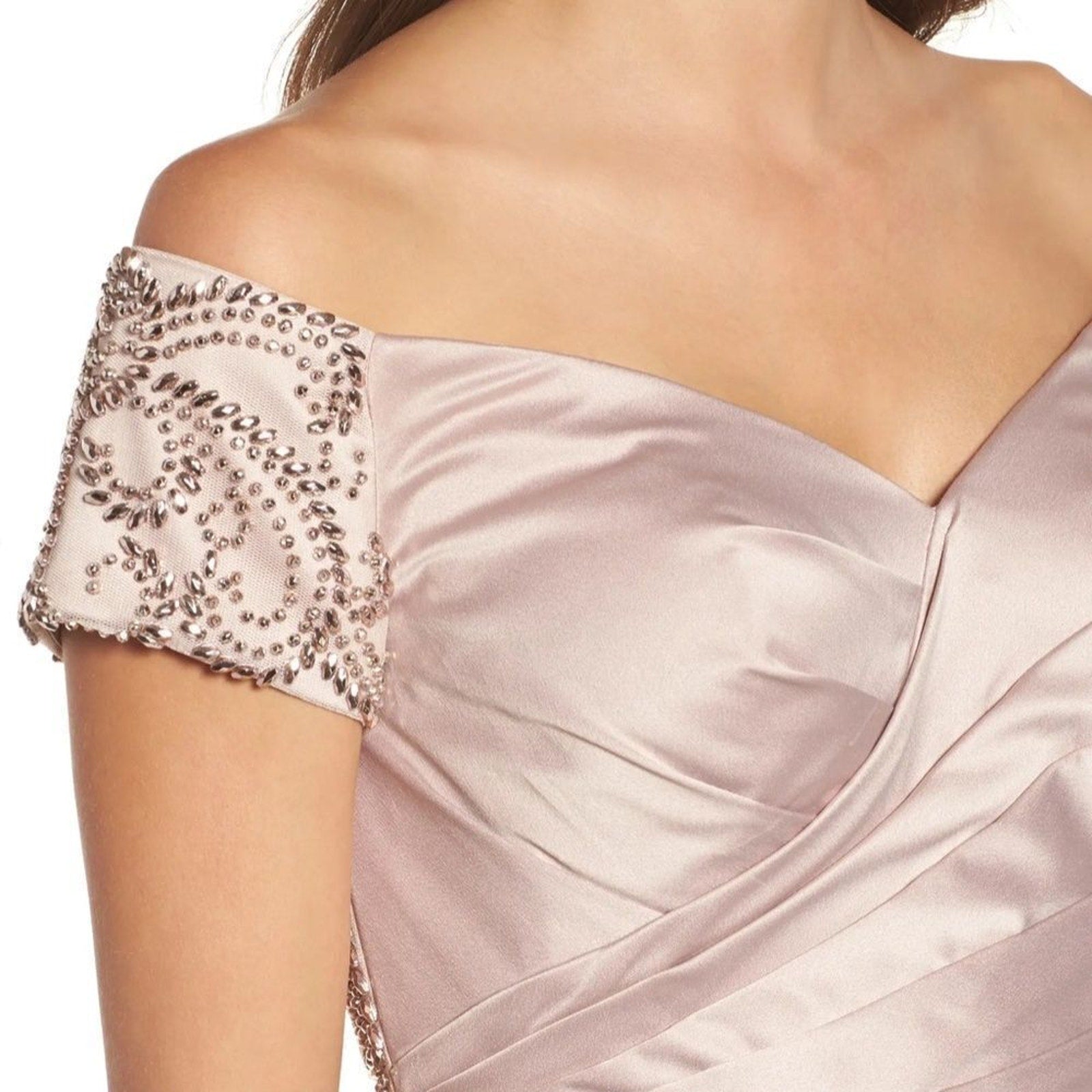 NWT La Femme Off the Shoulder Beaded Satin Trumpet Gown in champagne - size 6
