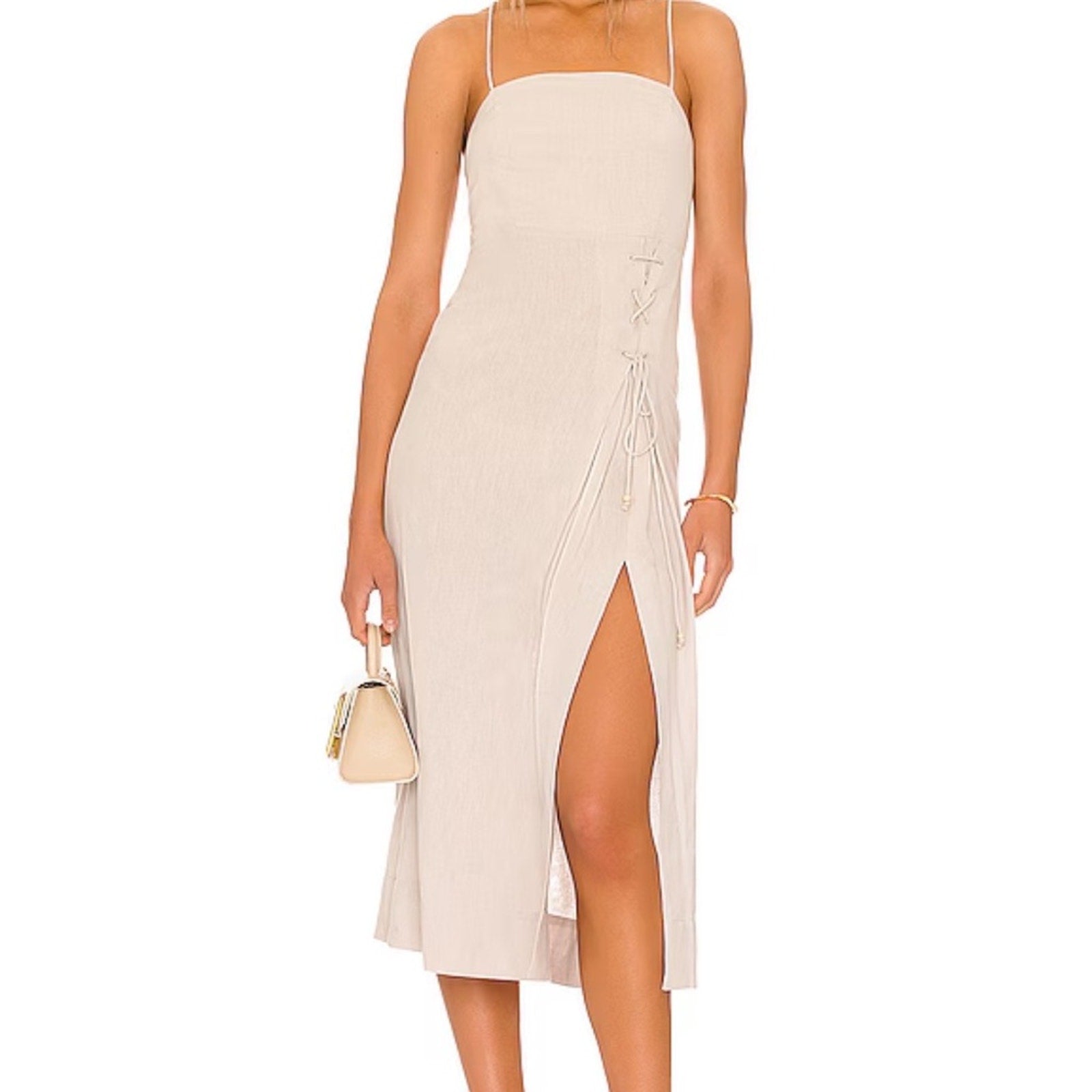 NWT Free People Francesca Midi Dress Ocean Pearl Ivory Linen size Small $108