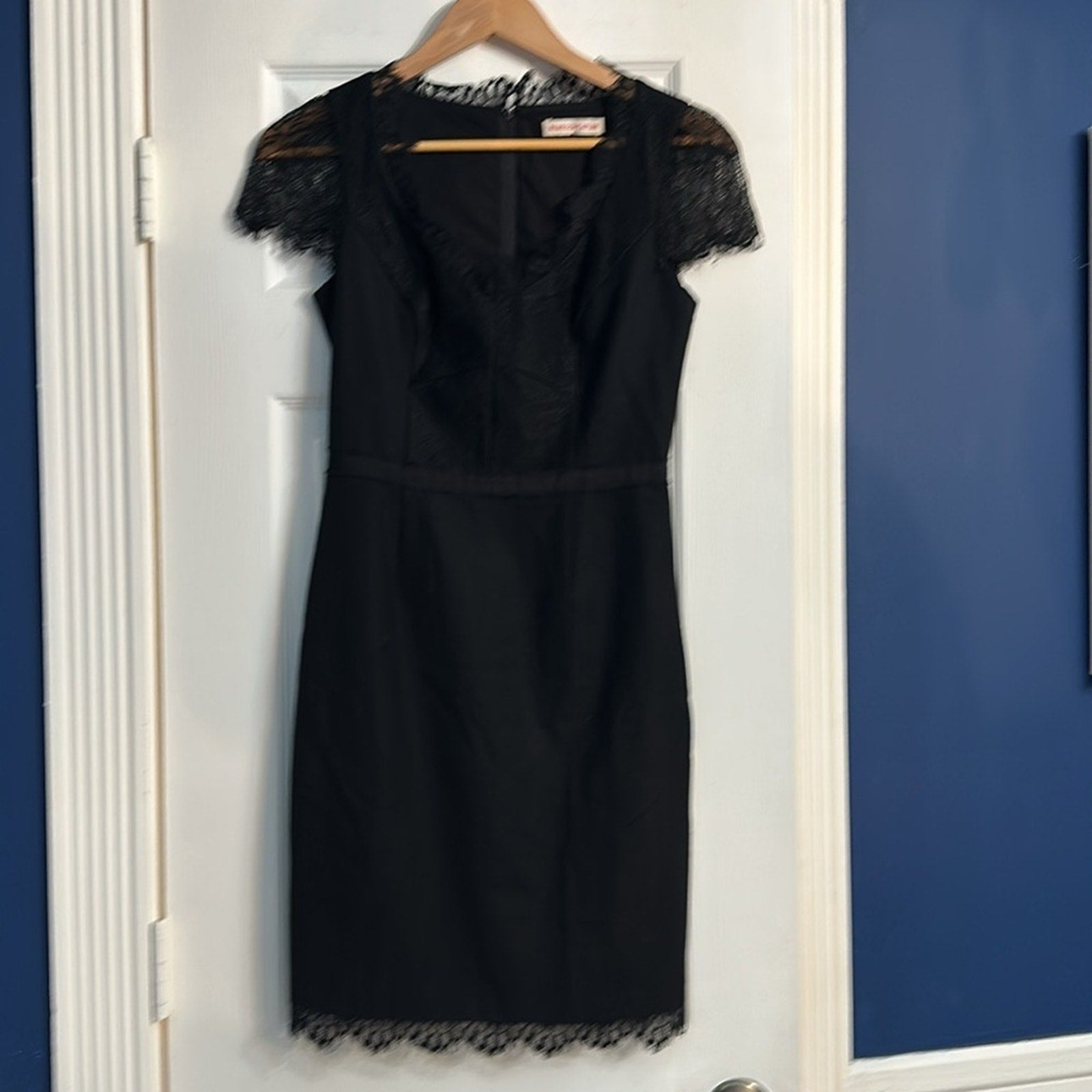 Rebecca Taylor Black Wool Blend Sheath Dress Lace Embellishments - Size 2