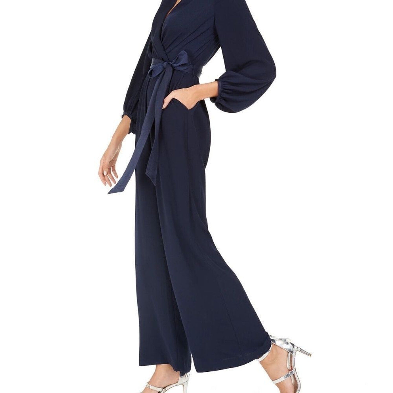 NEW ELIZA J BLOUSON 3/4 SLEEVE FAUX WRAP WIDE LEG NAVY JUMPSUIT - size 0