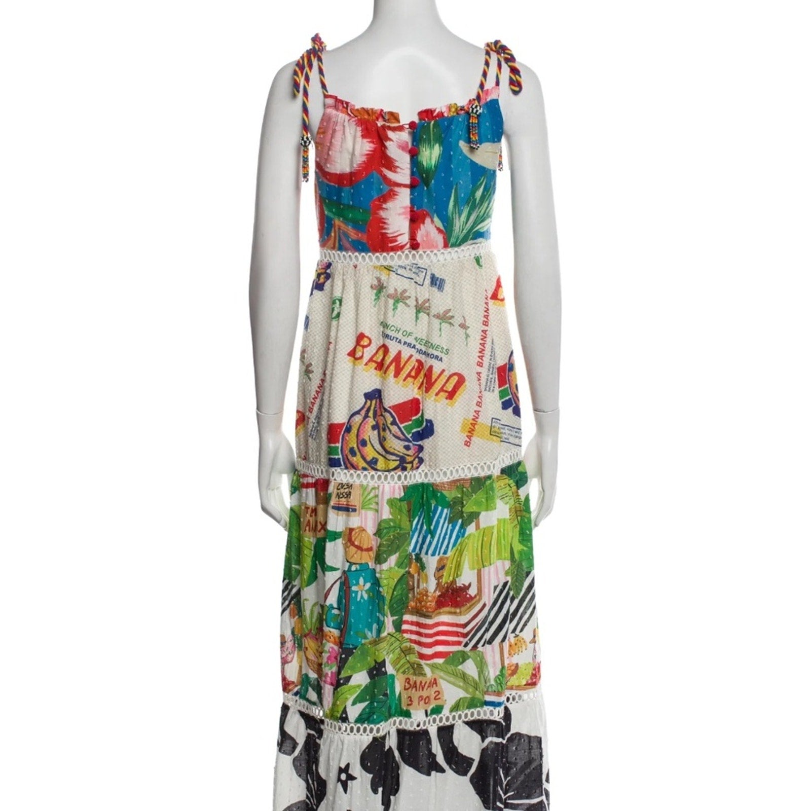 Farm Rio Maxi Dress Tiered Banana Floral Tropical Beaded Rope Straps - size S