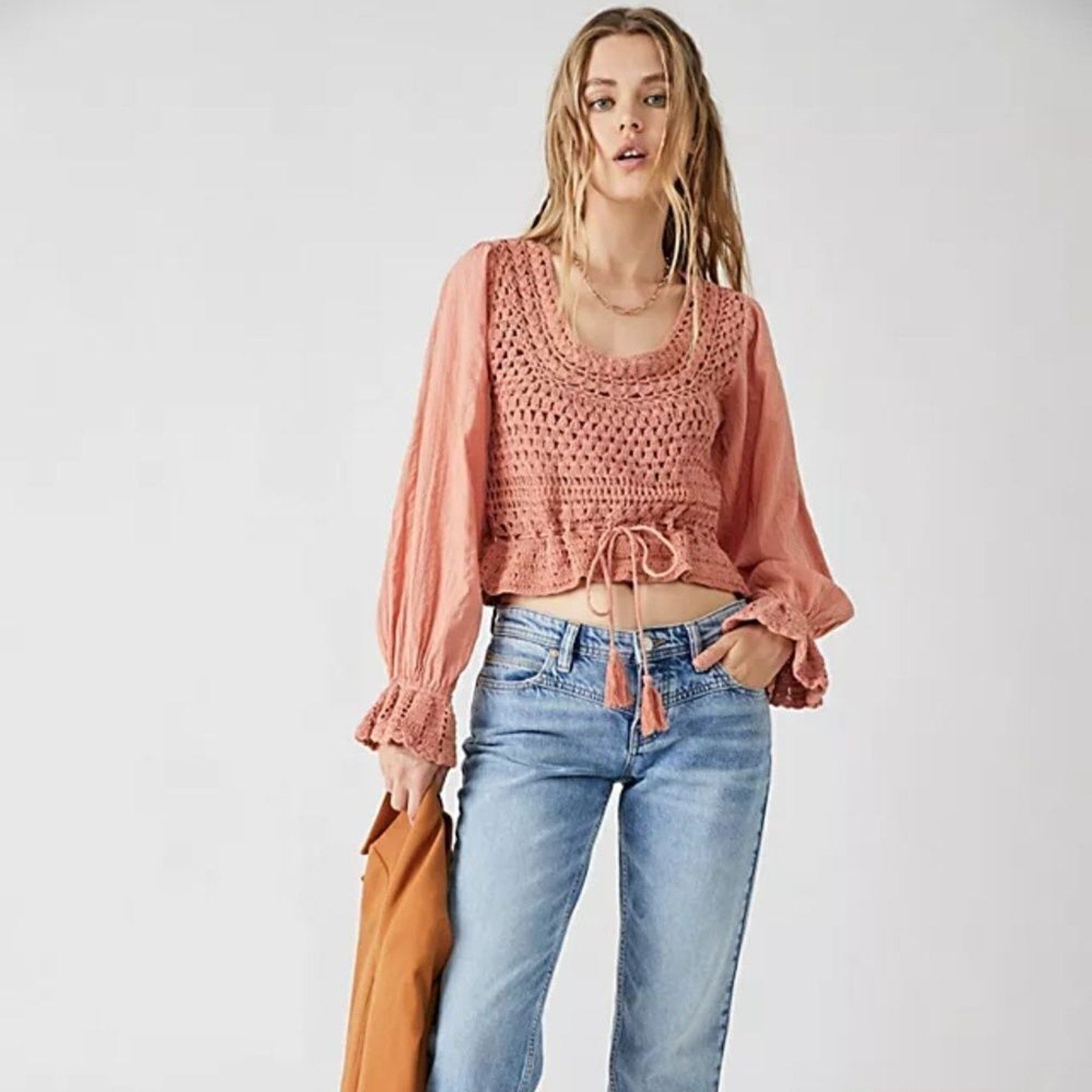 NWT FREE PEOPLE Megan Crochet Top in Coral Sand - size small