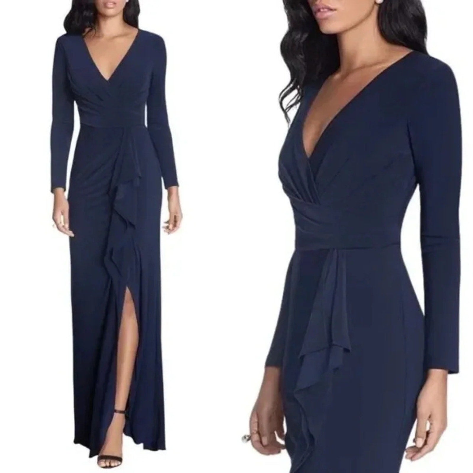 NWT Betsy & Adam "ELLE" LONG SLEEVE SIDE RUFFLED SLIT GOWN - size 8