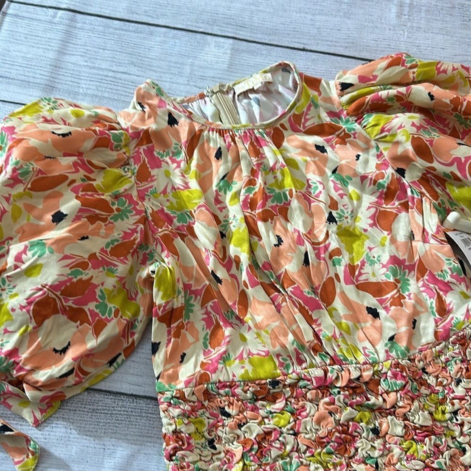 NEW BYTIMO Shirred floral-print satin-crepe mini dress - size XS