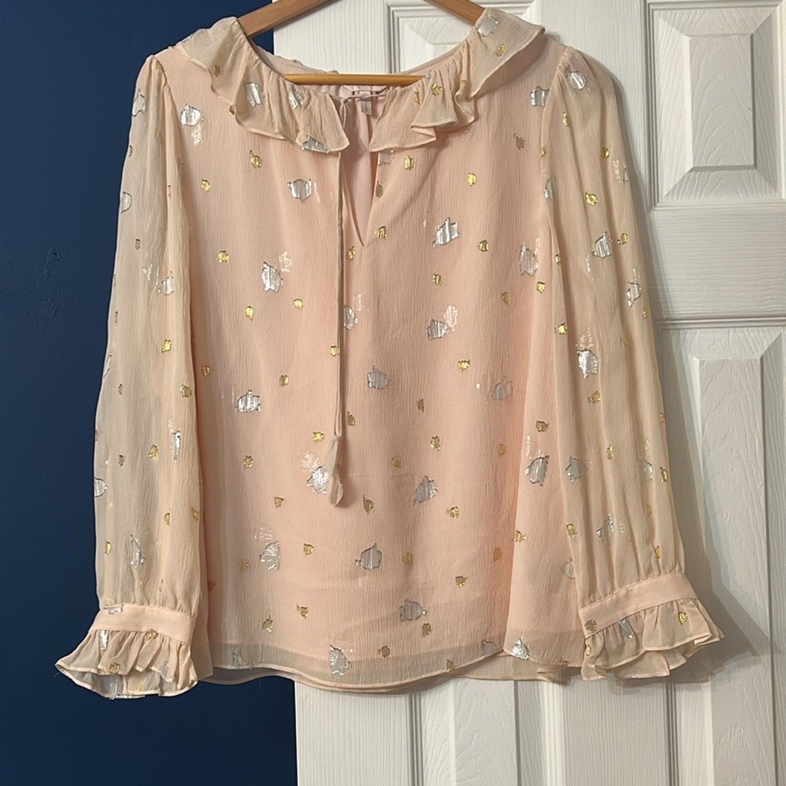 Rebecca Taylor Silk Floral Scattered Tulip Clip Ruffle Metallic Peasant Top - 12
