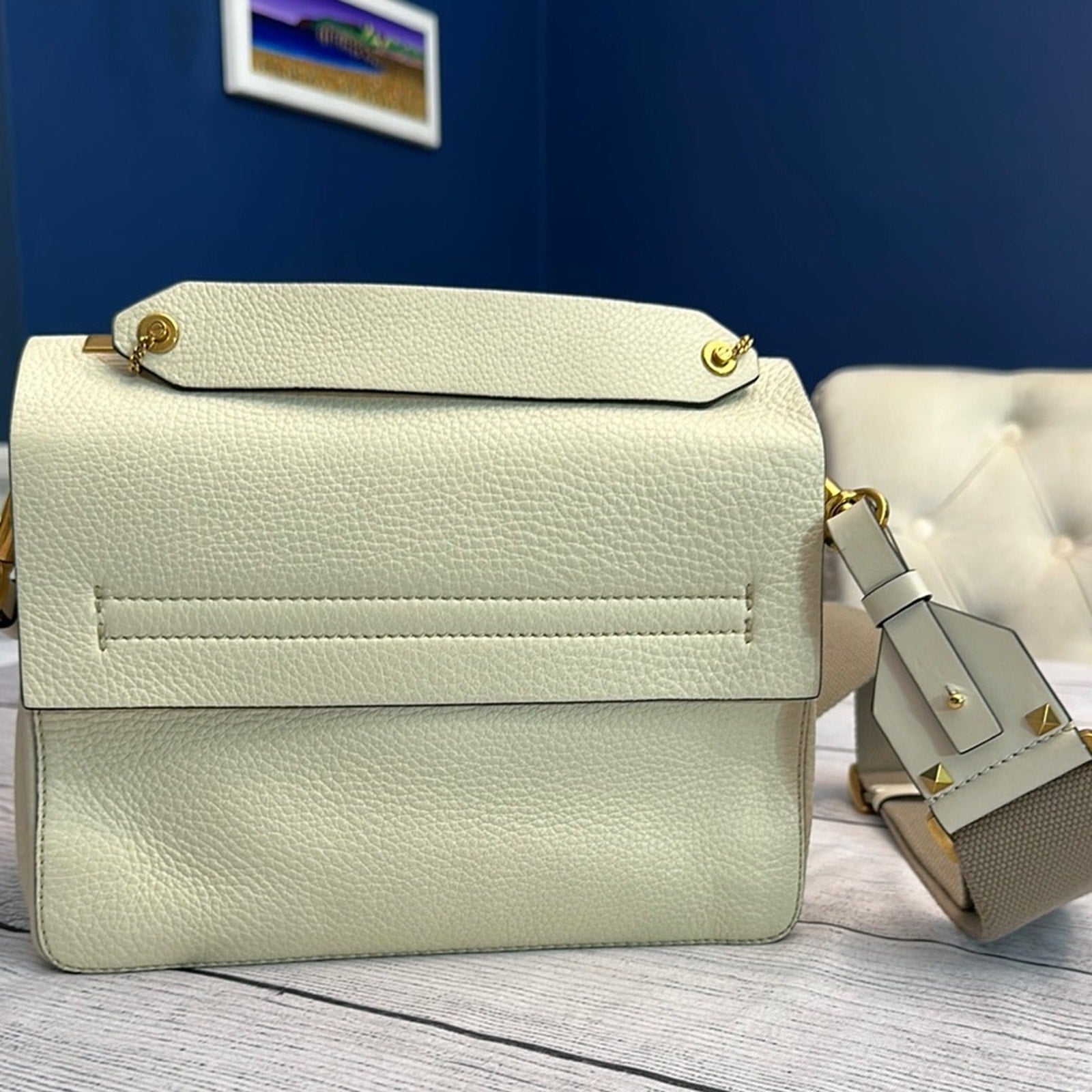 Valentino Garavani Pebbled Calfskin Mini VRing Shoulder Bag Light Ivory