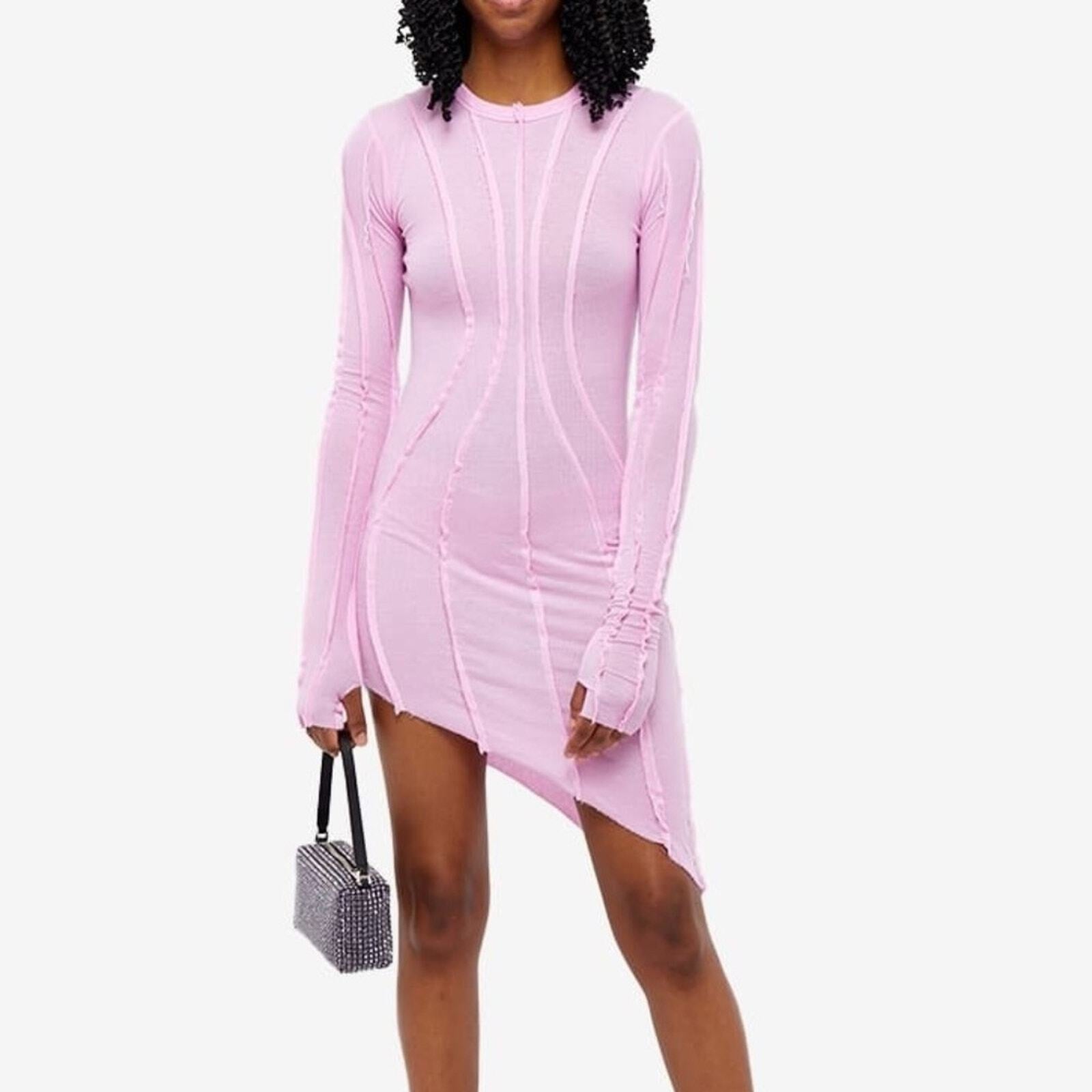 NEW Sami Miro Vintage Women's Asymmetric Long Sleeve Mini Dress in Pink - size M