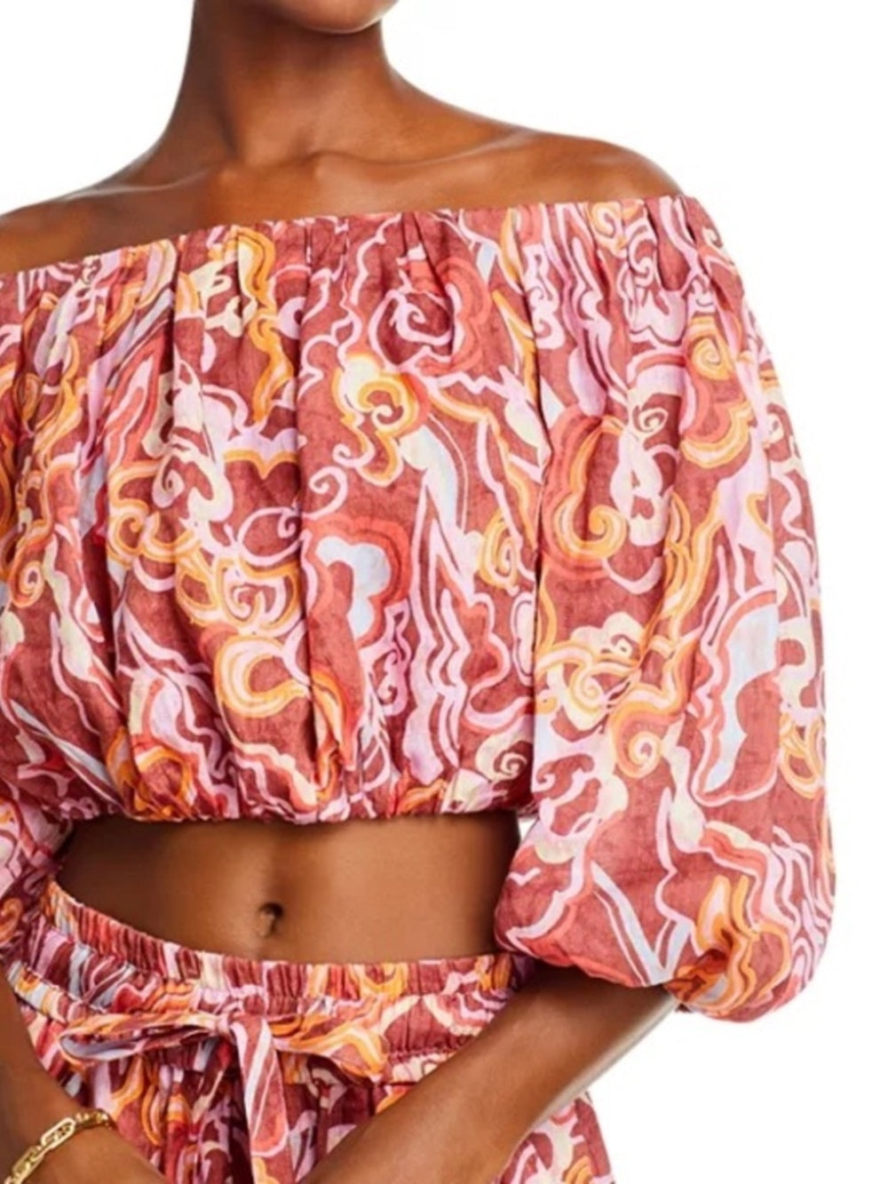 A.L.C. Katherine Printed Off-The-Shoulder Crop Top Pink Orange Linen - size S - Image 4