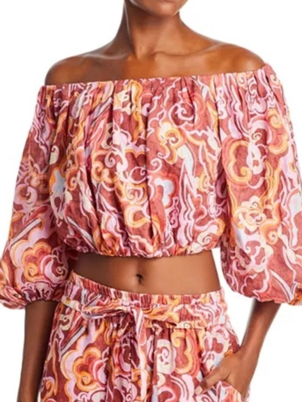A.L.C. Katherine Printed Off-The-Shoulder Crop Top Pink Orange Linen - size S - Image 1