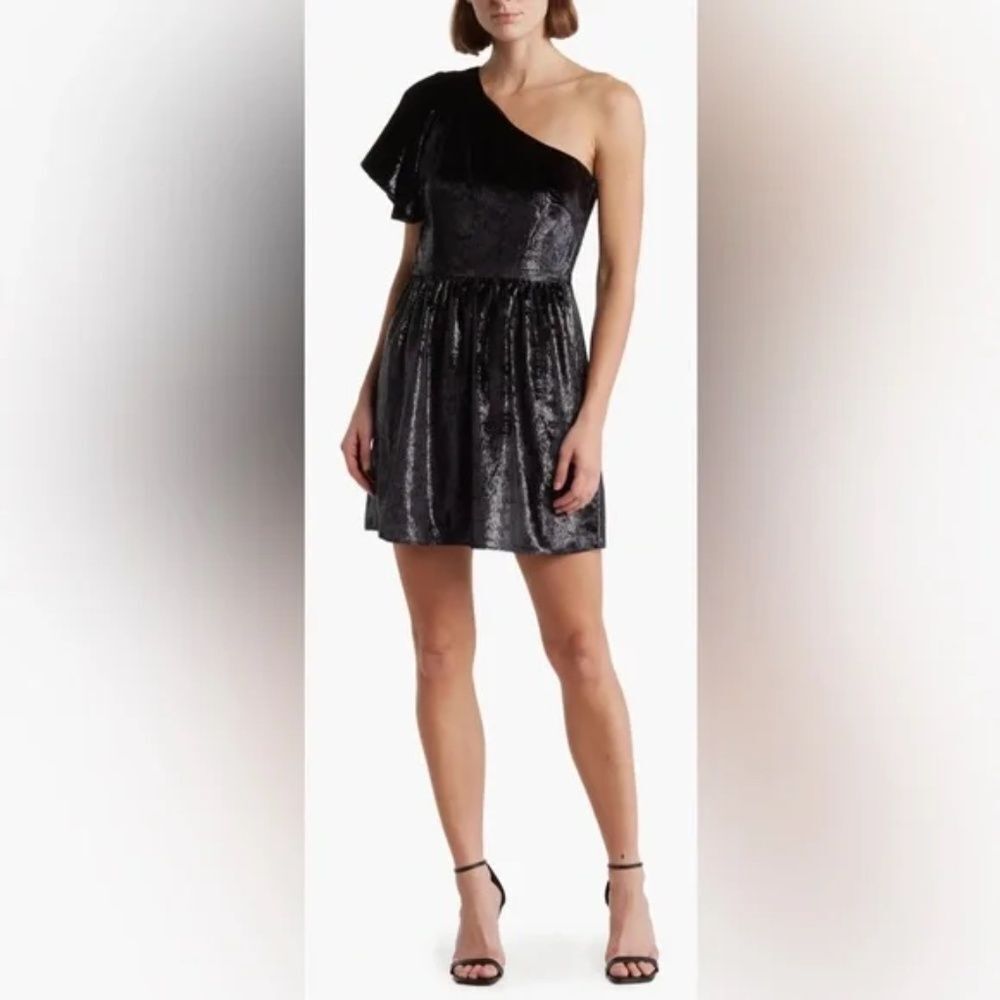 NEW 7 for All Mankind One Shoulder Metallic Velour Fit & Flare Dress