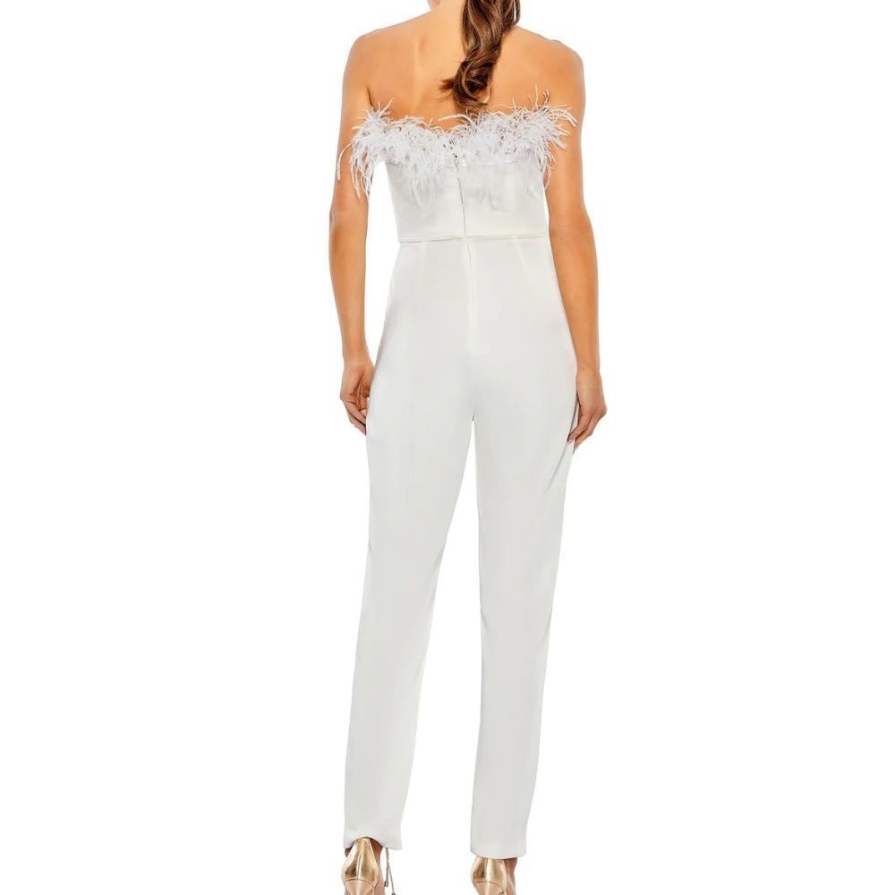 NWT Mac Duggal 68146 STRAPLESS JUMPSUIT WITH FEATHER TRIM