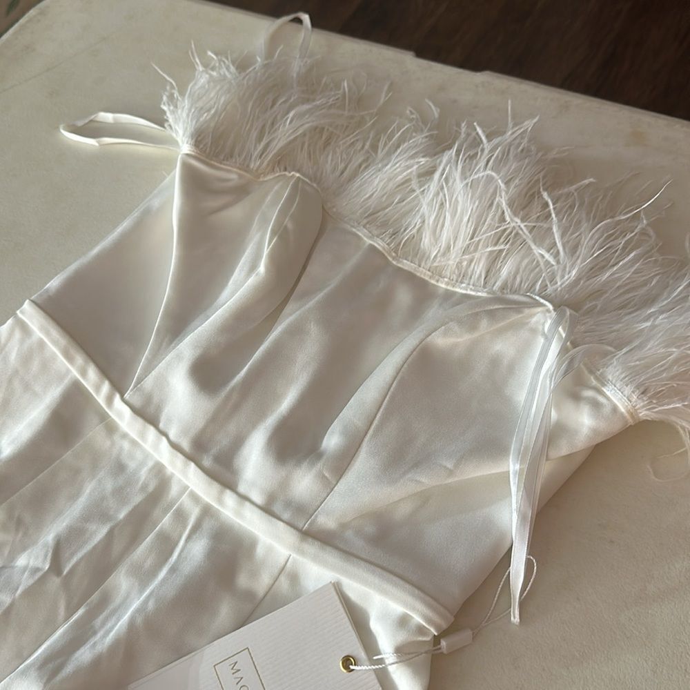 NWT Mac Duggal 68146 STRAPLESS JUMPSUIT WITH FEATHER TRIM