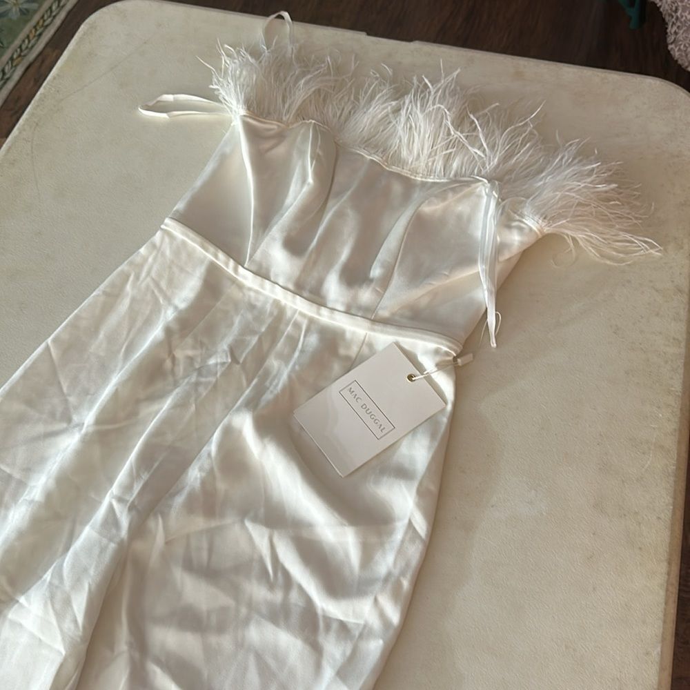 NWT Mac Duggal 68146 STRAPLESS JUMPSUIT WITH FEATHER TRIM