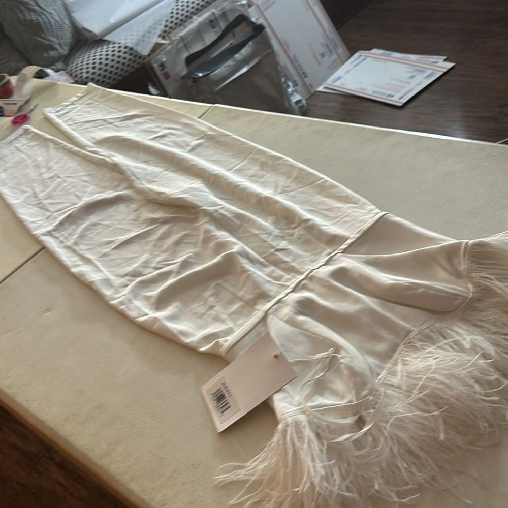 NWT Mac Duggal 68146 STRAPLESS JUMPSUIT WITH FEATHER TRIM