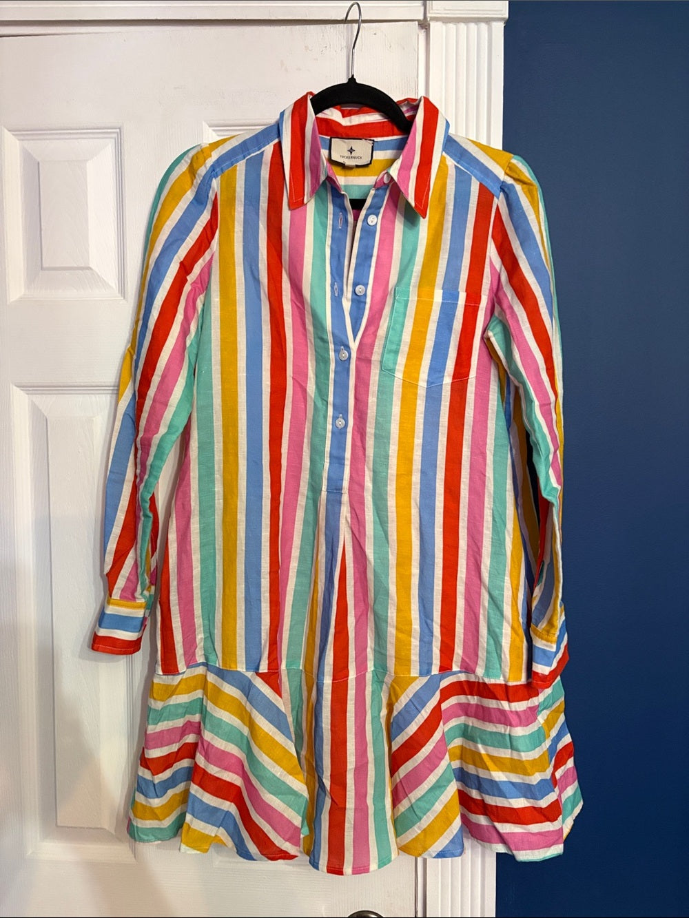 Tuckernuck Multi Color Stripe Ruffle Hem Mini Shirtdress Linen Blend - size XS - Image 7
