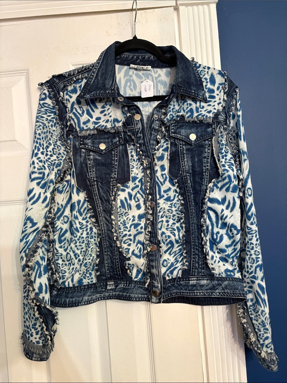 Adore blue Animal Print Denim Jacket with jean panels and Frayed trim -size M 🌟 - Image 3