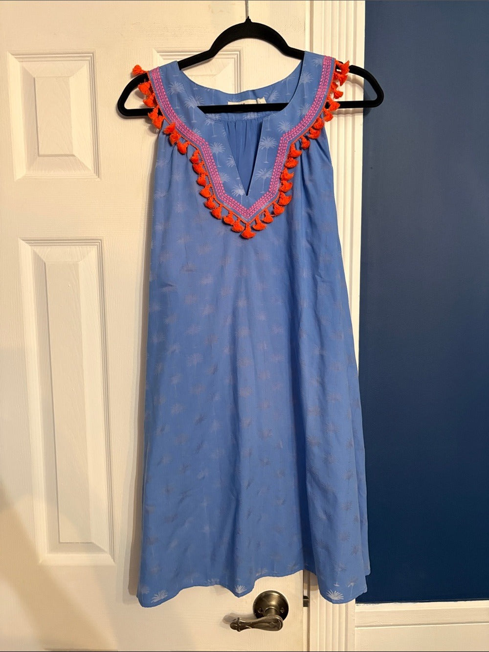 Vineyard Vines Sunset Palm Tassel Embroidered blue Mini Dress - size Large - Image 3