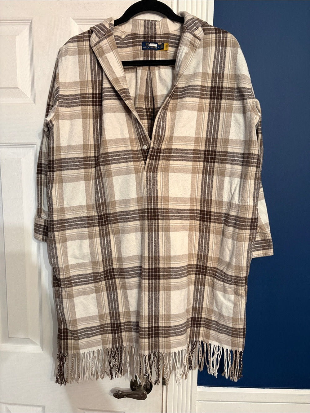 Polo Ralph Lauren Plaid Fringe Shirt Dress Cream Brown - size 8 - Image 7