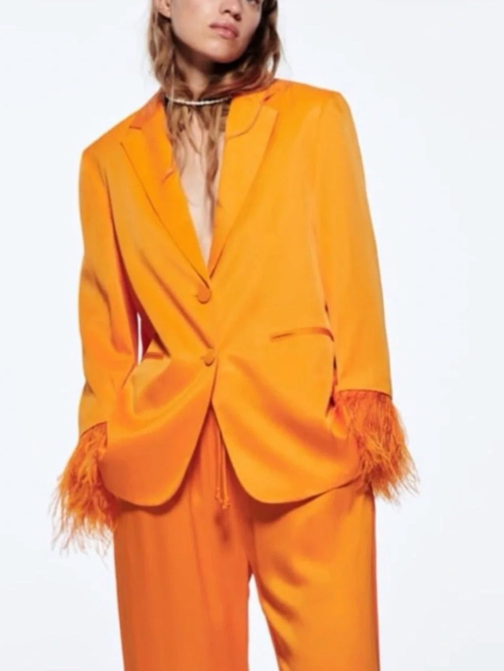 Zara Bright Orange Satin Blazer with Feather Cuffs - XS 🌟 - Image 1
