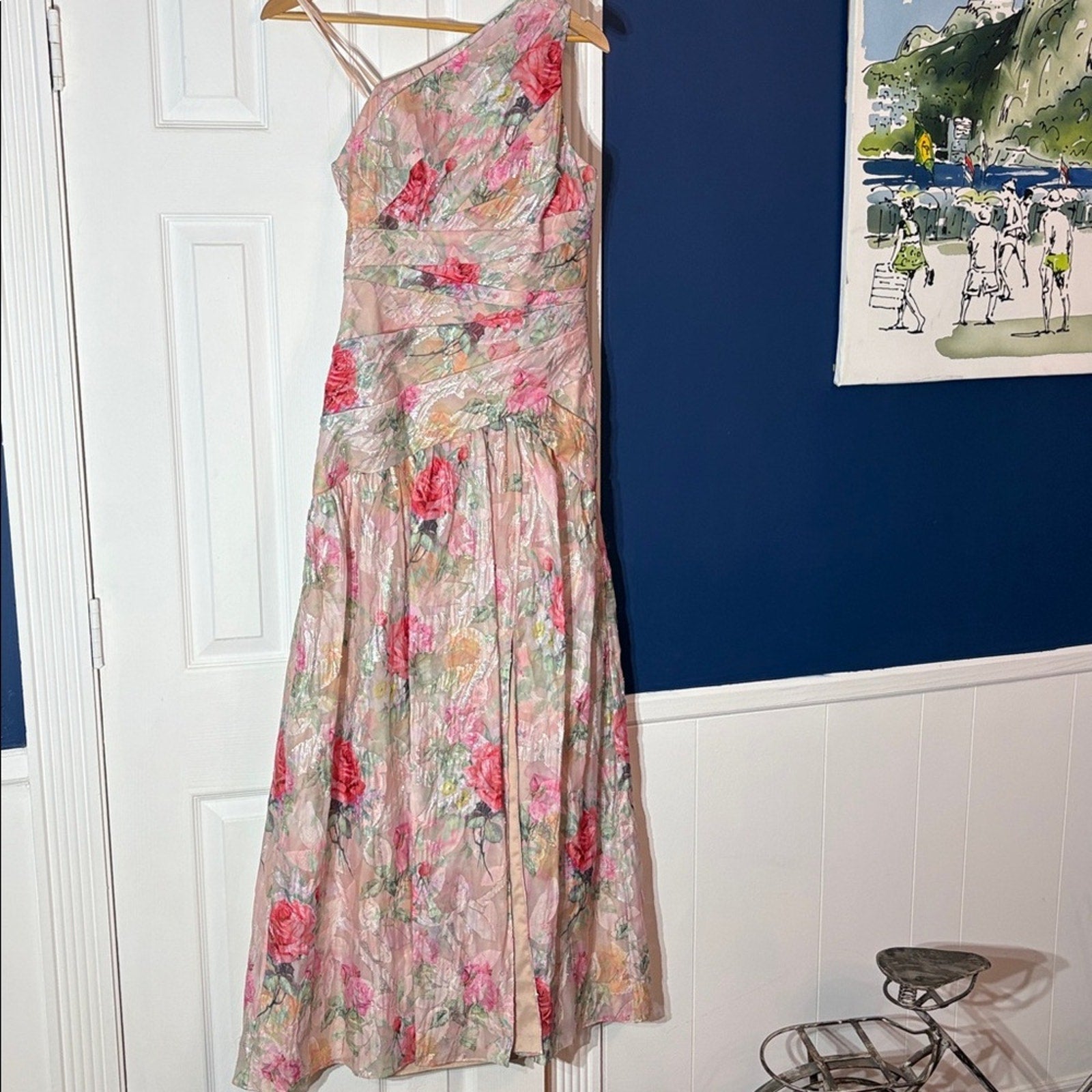 Aidan Mattox One-Shoulder Rose Jacquard Front Slit -size 6