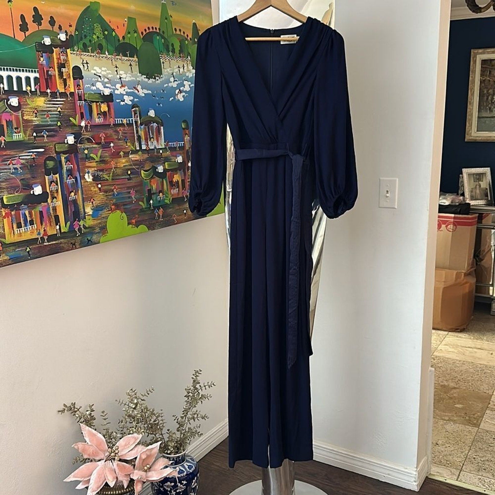 NEW ELIZA J BLOUSON 3/4 SLEEVE FAUX WRAP WIDE LEG NAVY JUMPSUIT - size 0