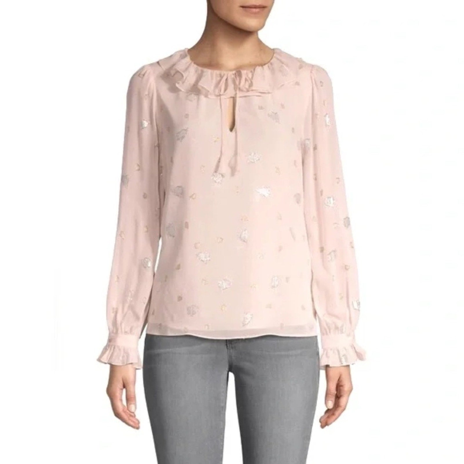 Rebecca Taylor Silk Floral Scattered Tulip Clip Ruffle Metallic Peasant Top - 12