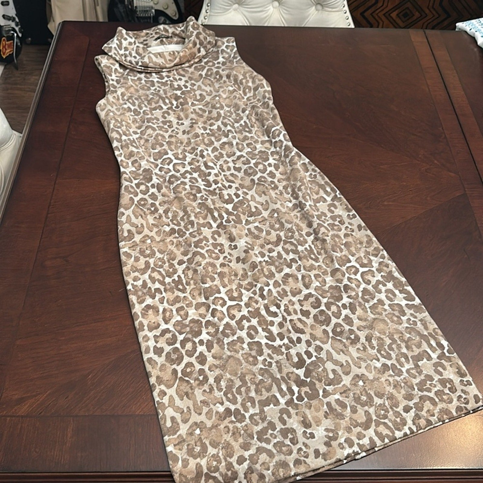 J McLaughlin Faux Suede Sleeveless Animal Print Dress Tan Brown Size XS