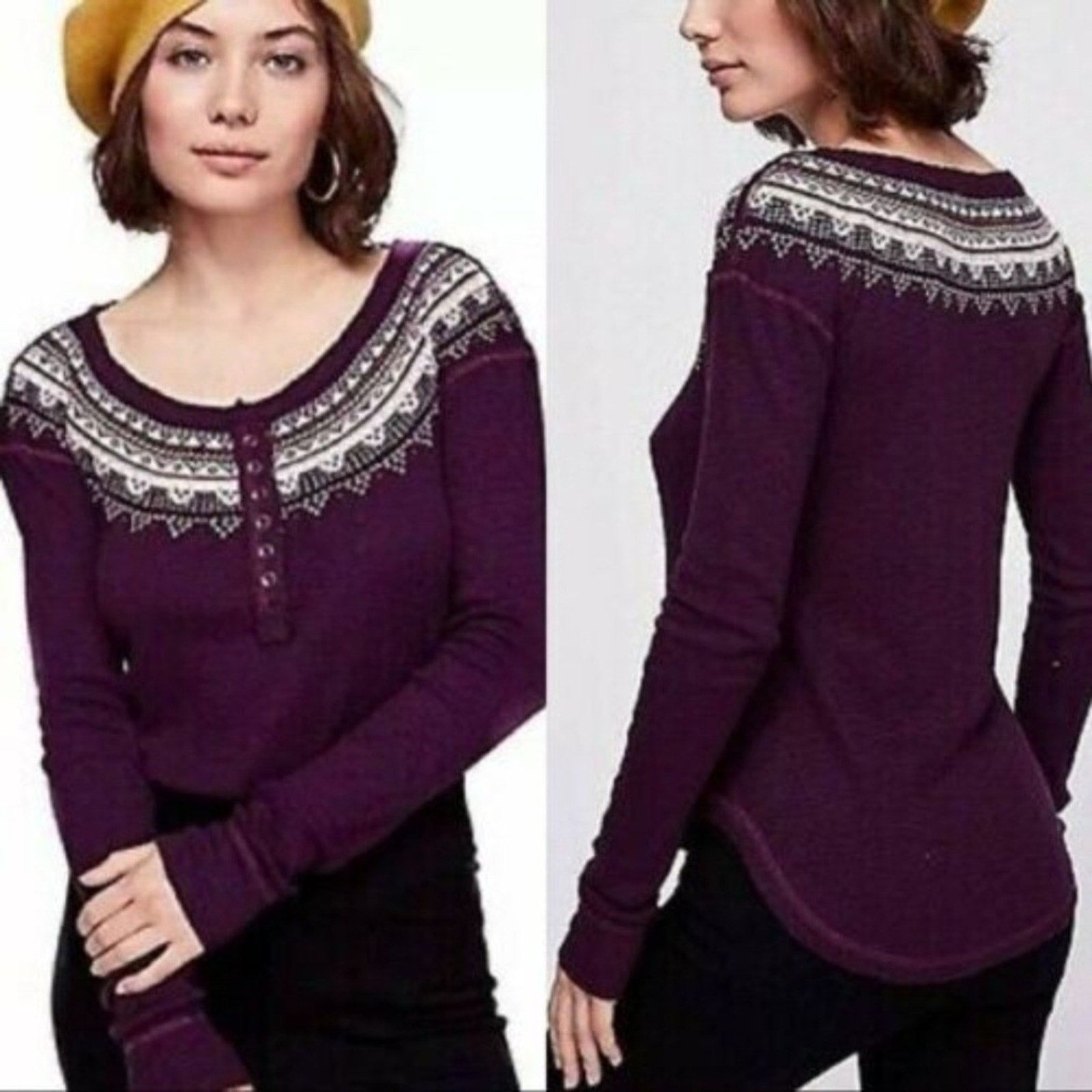 FREE PEOPLE We The Free Fair Isle Purple Embroidered Thermal Top - Size Small