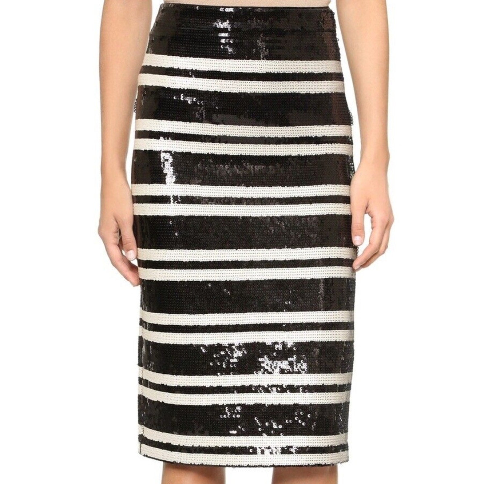 ALICE + OLIVIA Black Ivory Striped Sequin Embellished Rue Pencil - size 4