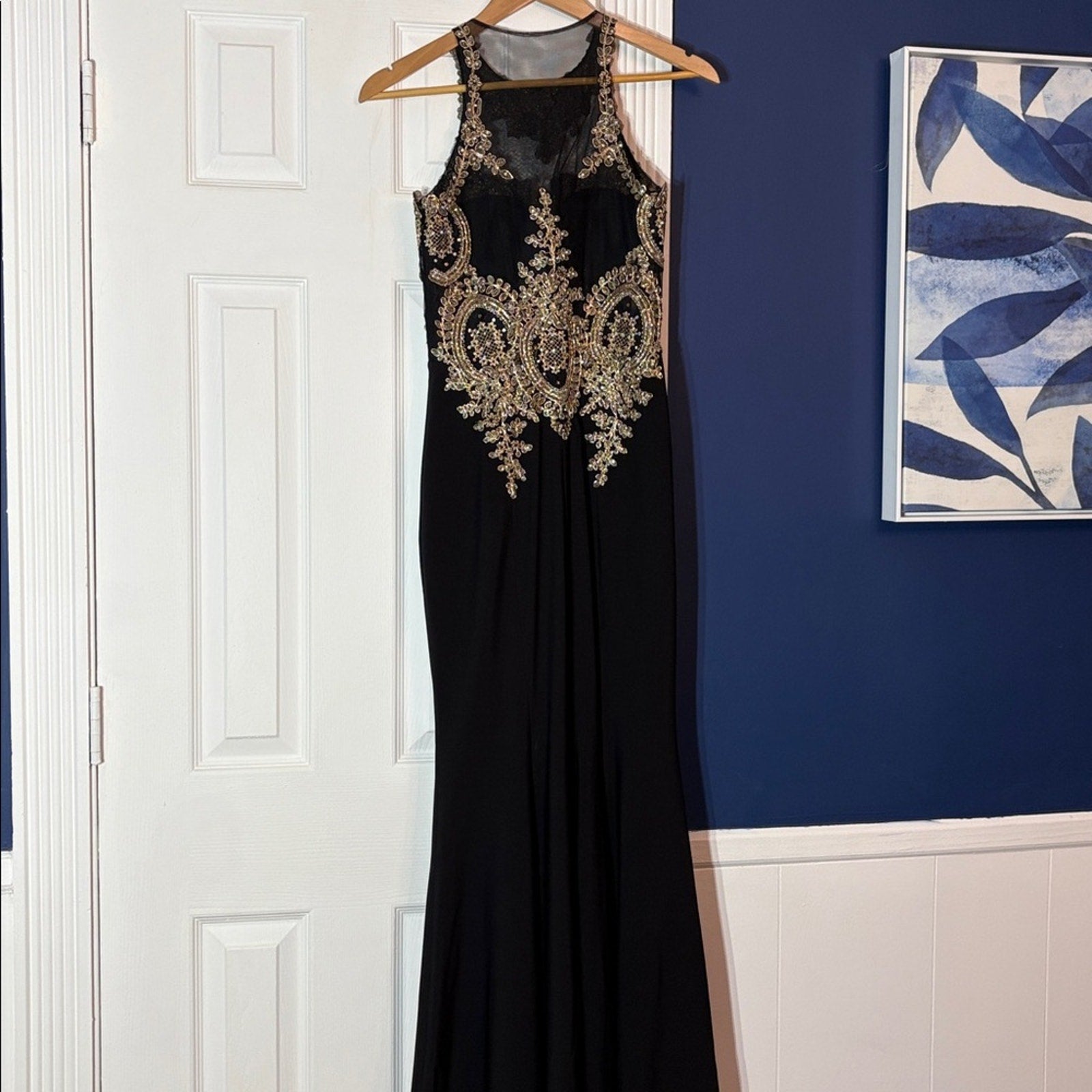 Xscape Women's Black Embroidered Soutache Illusion Gown Dress Size 2