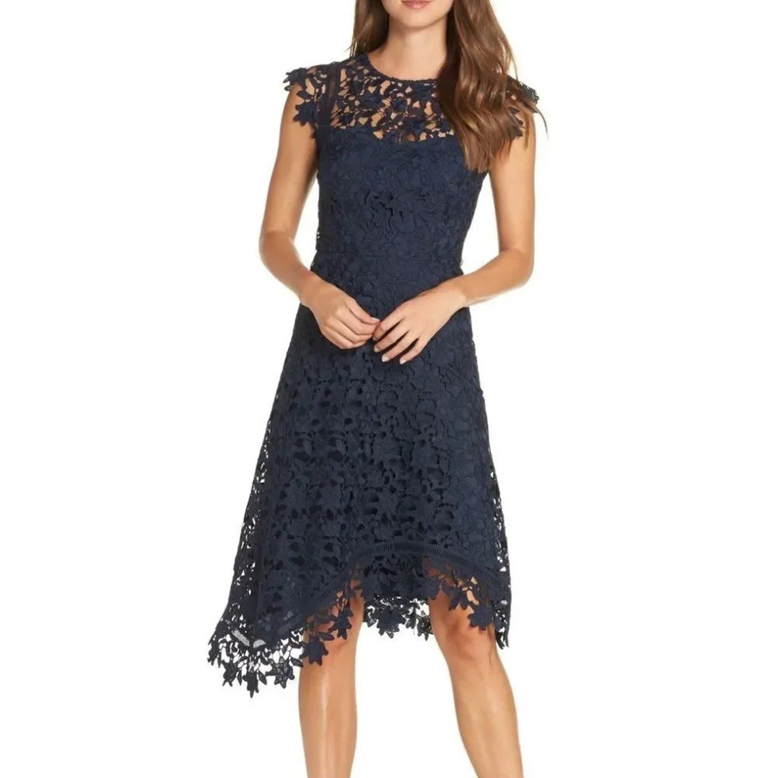 NWT Eliza J Navy Blue Lace Asymmetric Cocktail Dress - size 8