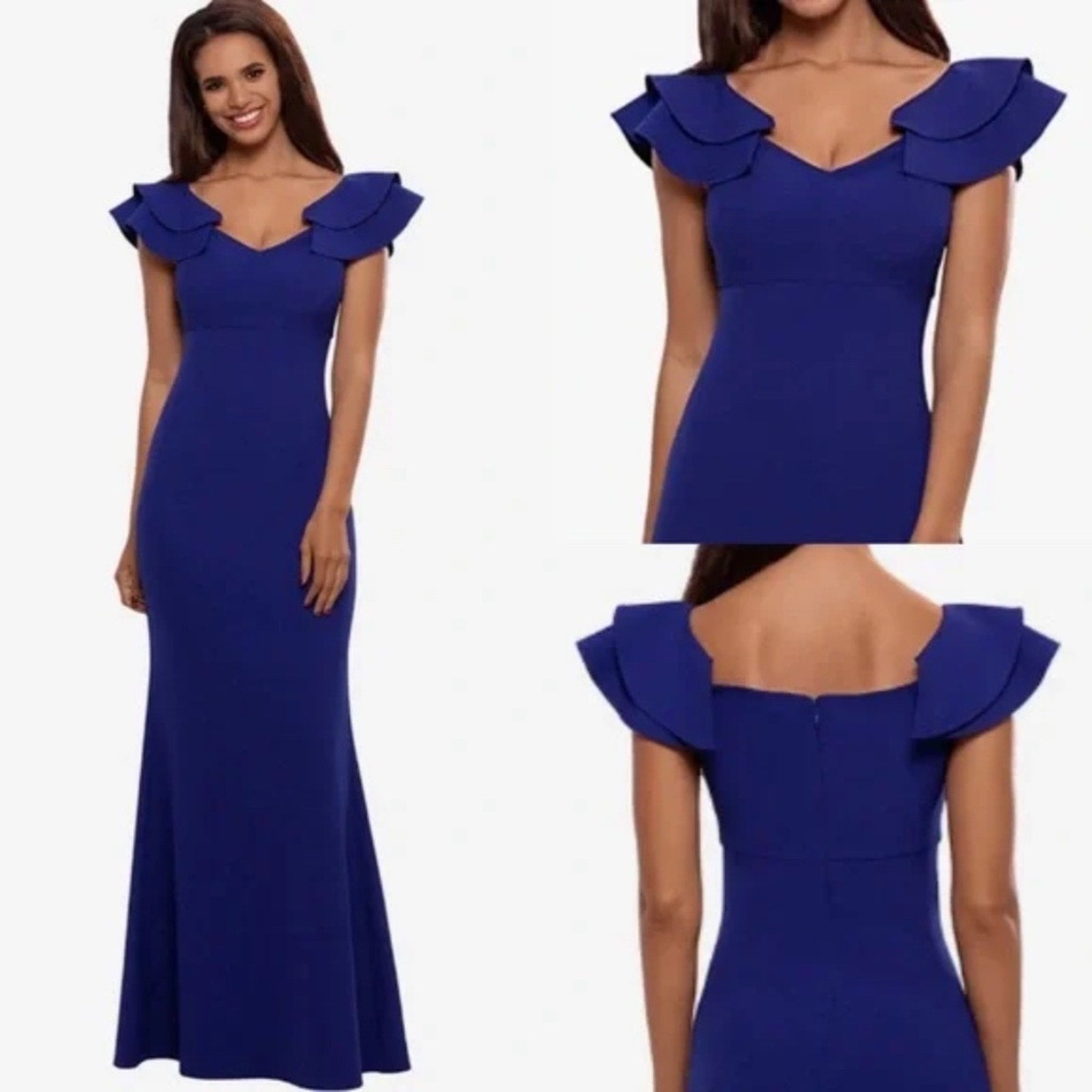 NWT Betsy & Adam Long Over-the-Shoulder Ruffles Gown size 8