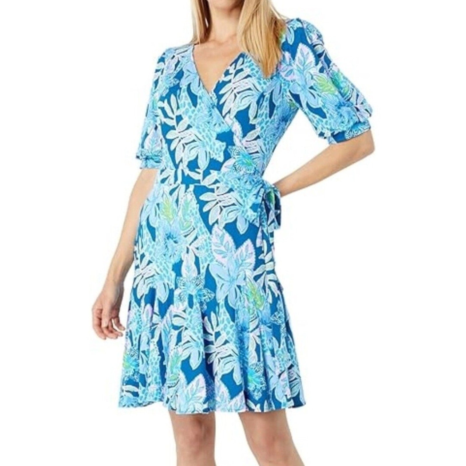 Lilly Pulitzer Kessler Wrap Dress Macaw Blue Tall Me About It - size M